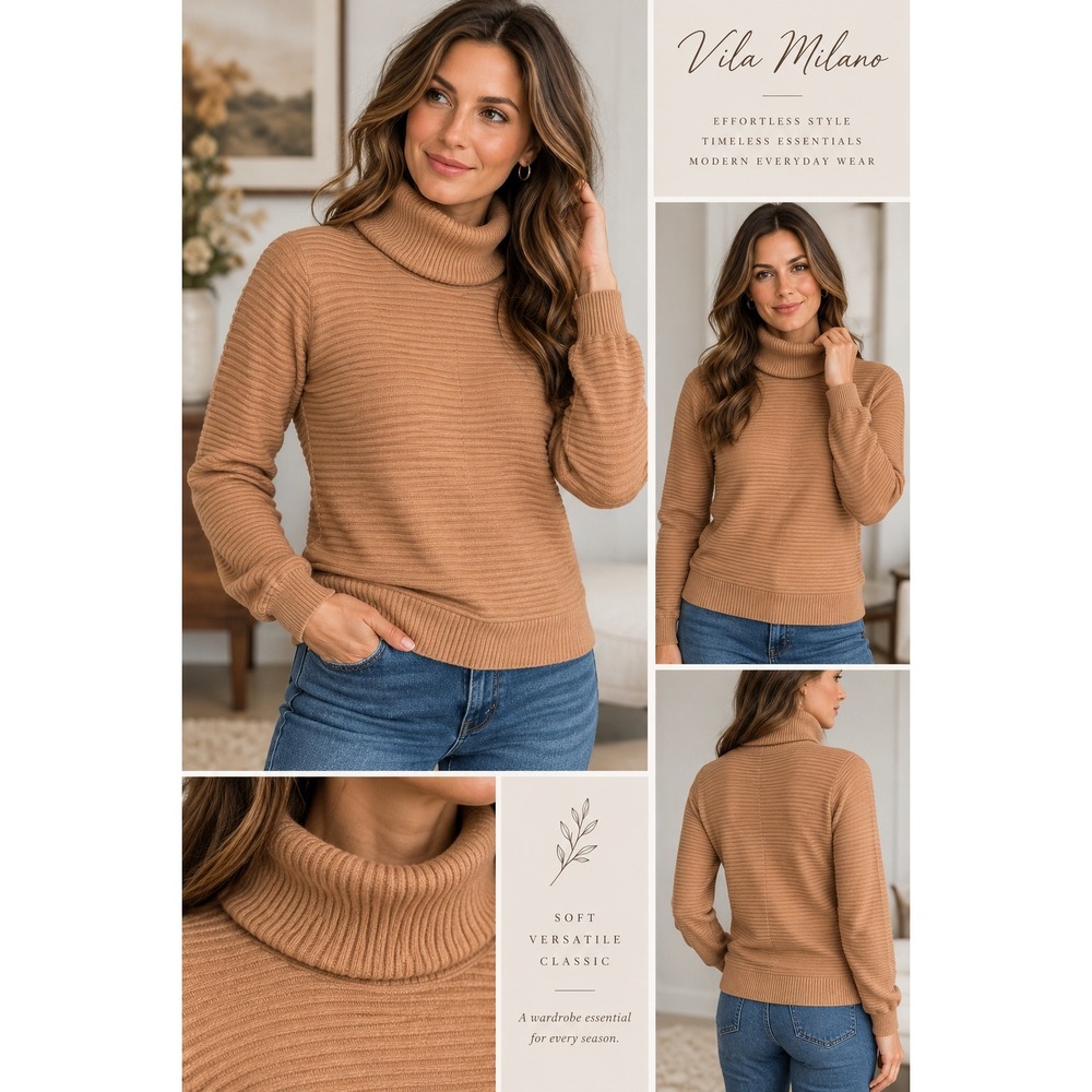 Vila Milano Womens XS Camel Ribbed Turtleneck Sweater Viscose Blend NWT